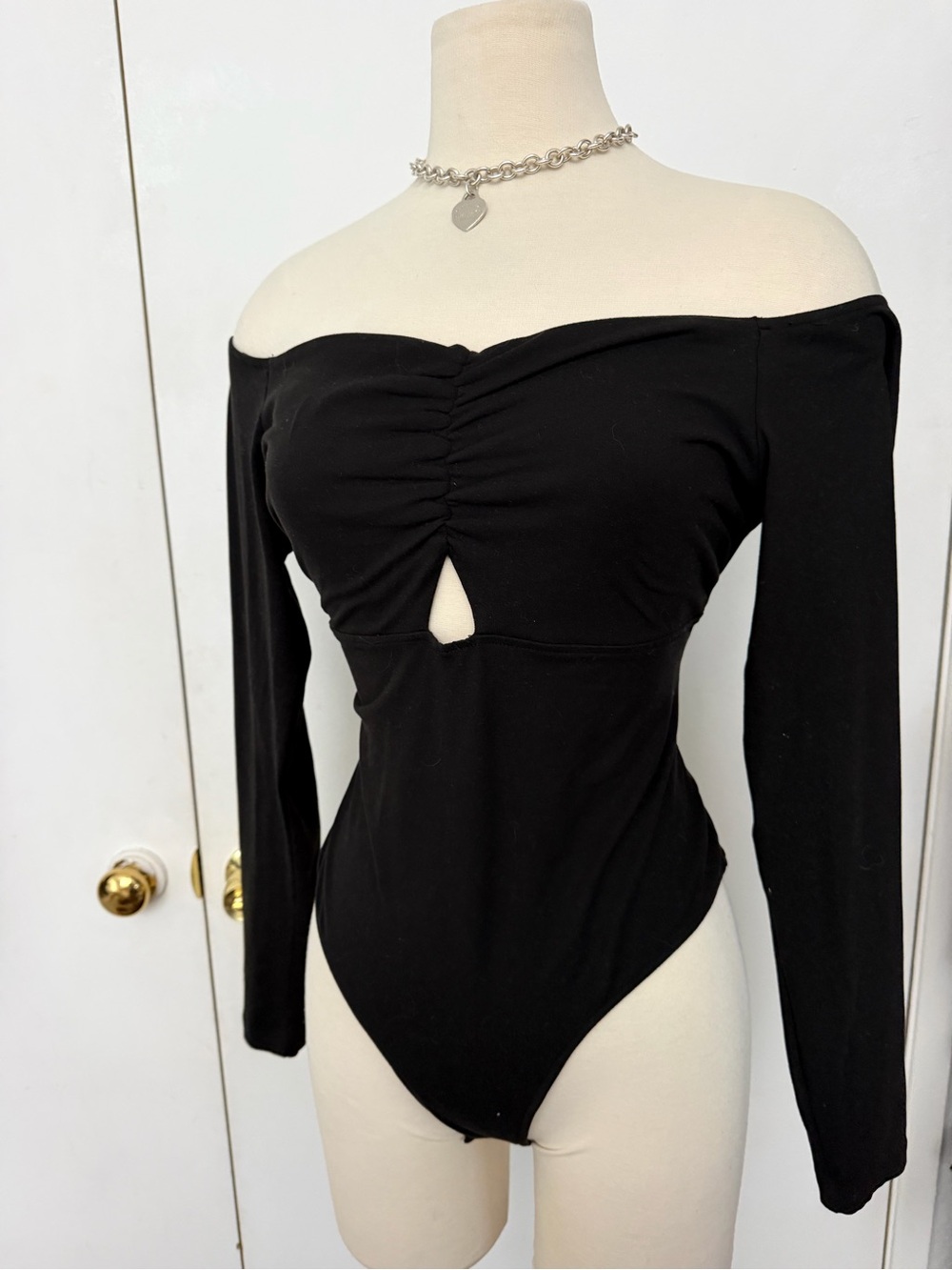 Guess Black Off-Shoulder Long-Sleeve Bodysuit with Front Keyhole